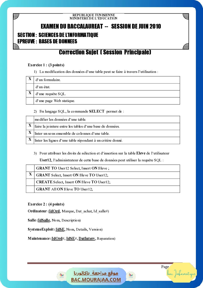 Corrigé principale bd Bac 2010 – Section info
